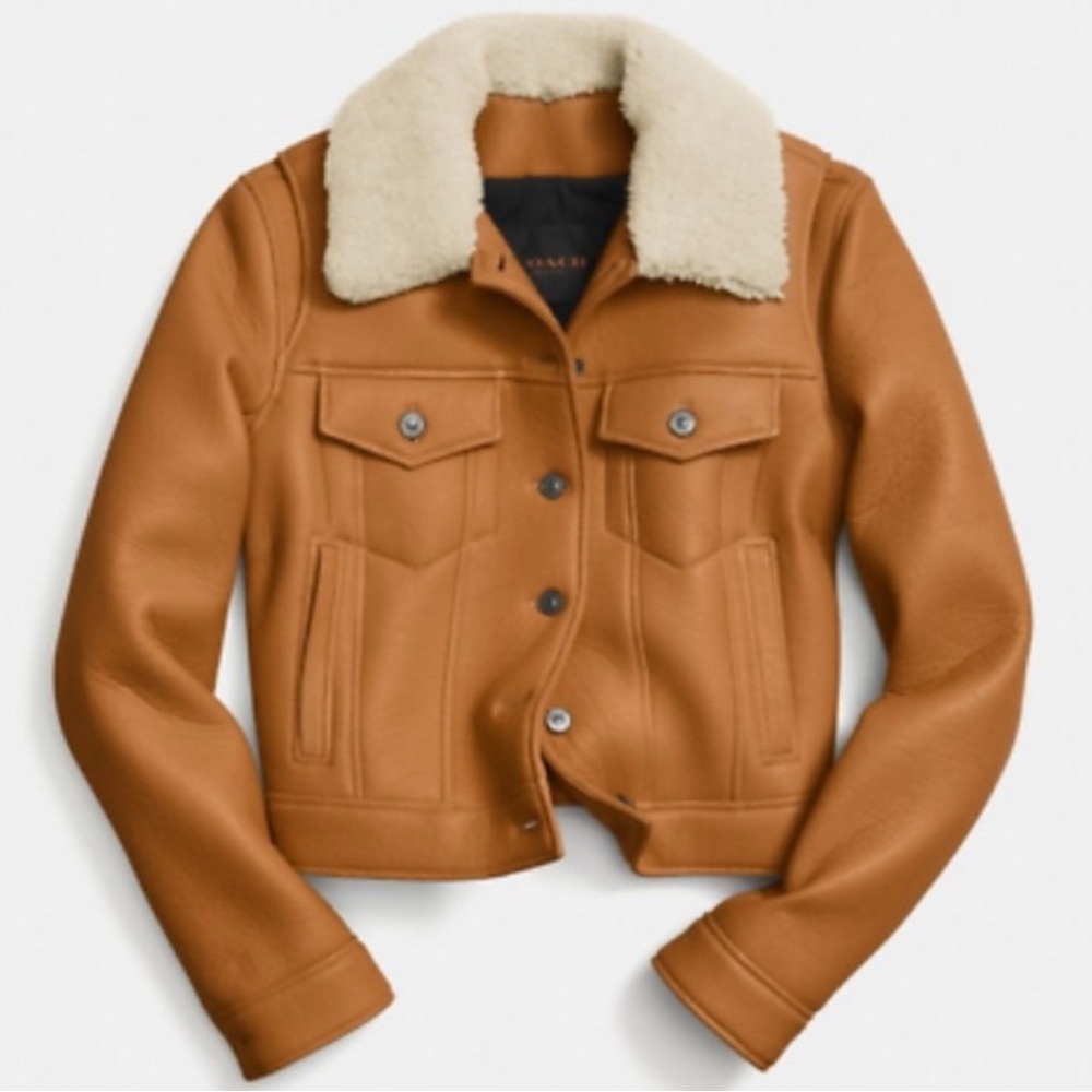 COACH 1942 Tan Leather Moto Jacket with Cream Shearling Collar S